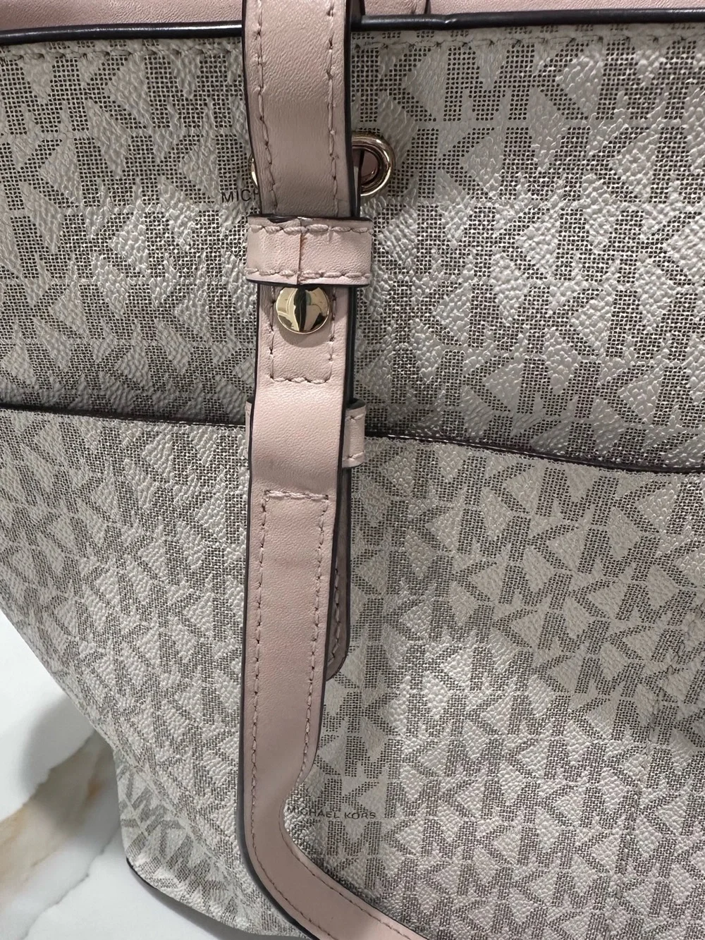 Michael Kors Light Beige Signature MK Pocket Tote with Pink Trim